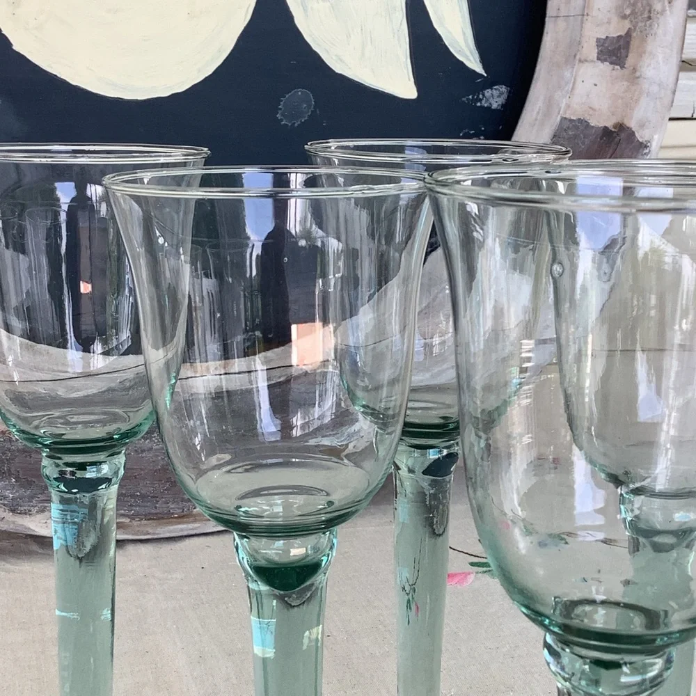 Vintage La Mediterranea Water Wine Handblown 5 Glasses Sea Green Tint Verde